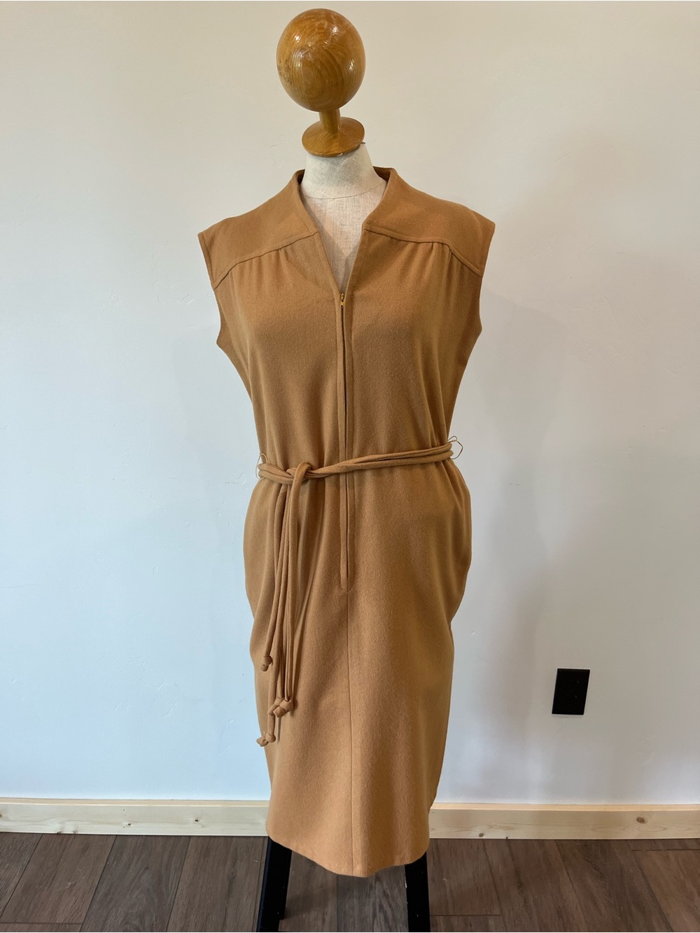 Sleeveless Belted Midi Dress in Camel, vintage wool Roadrunner